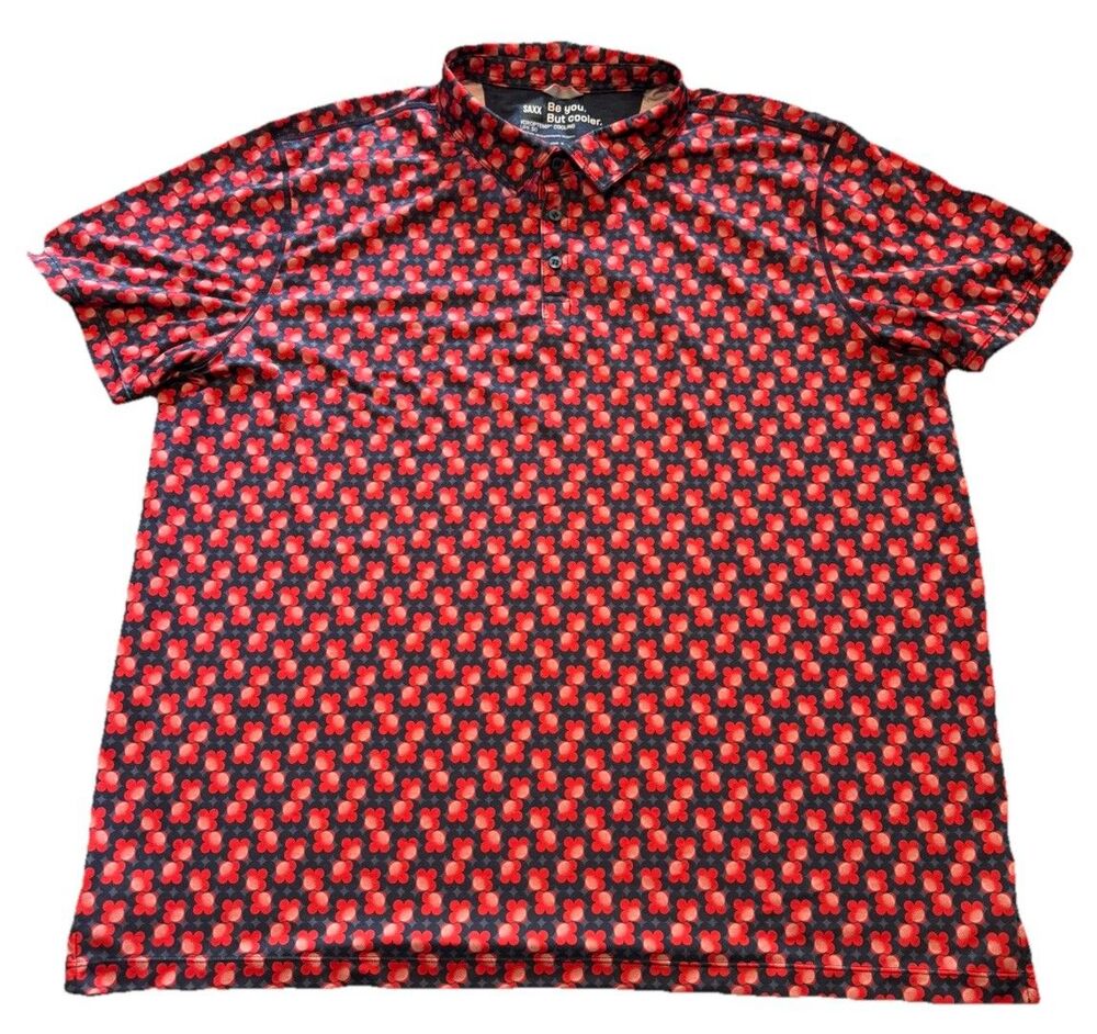 SAXX DropTemp Cooling Polo Shirt Mens XXL Navy Red Geometric UPF 50 SXCP10